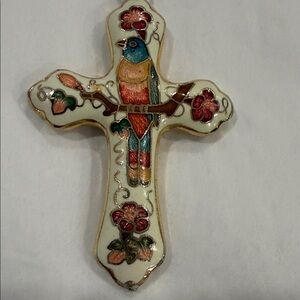 Rare 🚨Hand painted vintage cloisenne cross:  a partridge in a pear tree